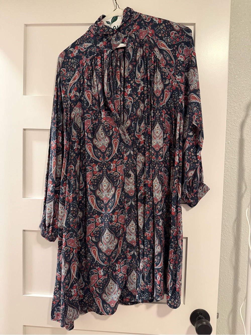 H&M Navy Paisley Long-Sleeve Tie-Neck Dress with Red and Cream Accents